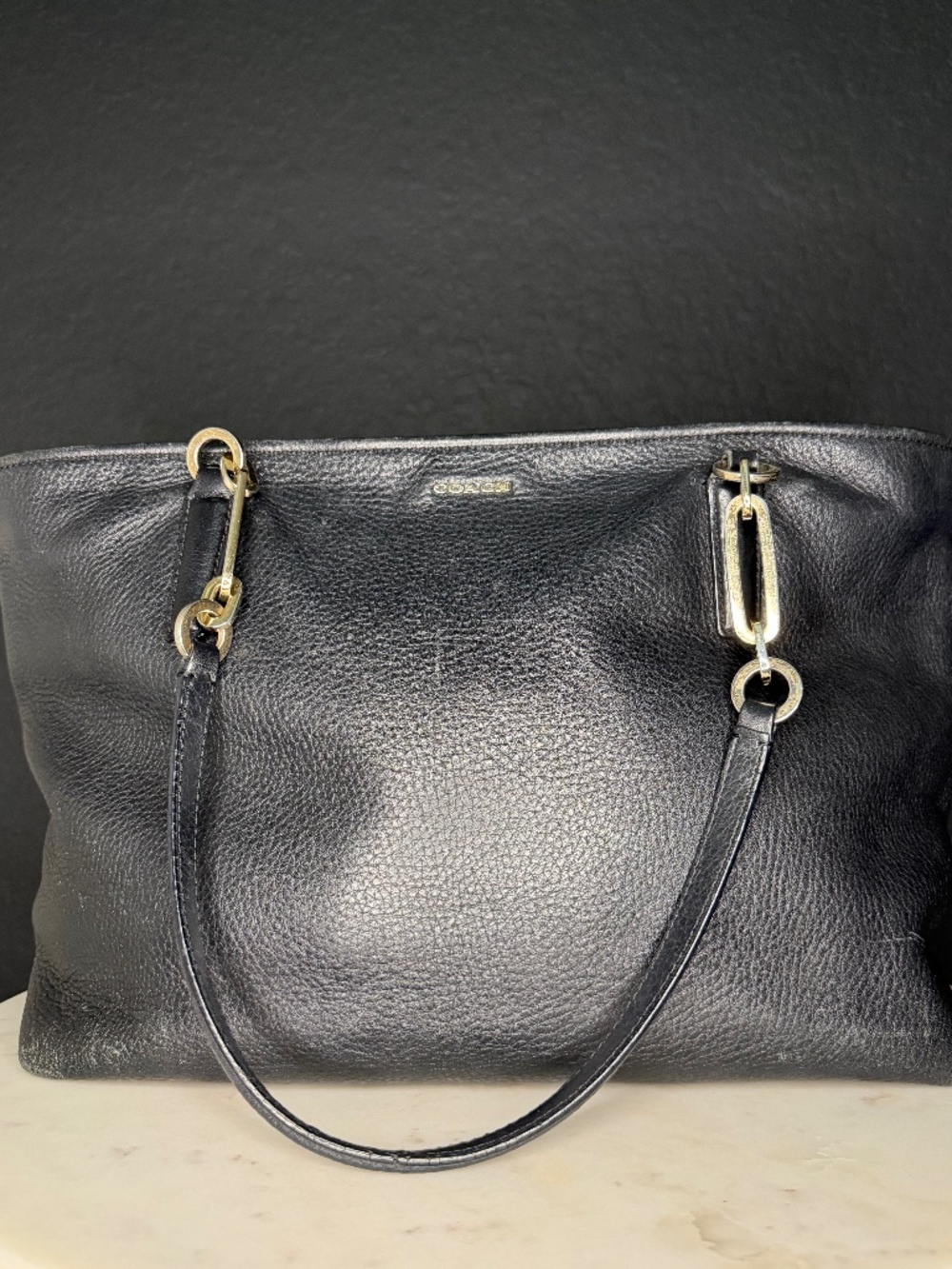 Coach‎ Black Genuine Leather Tote Bag Gold-Tone Hardware